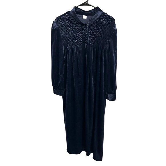 Vintage Navy Blue Velvet Robe Quilted Detail Long Sleeves  Sz LP - Picture 1 of 9